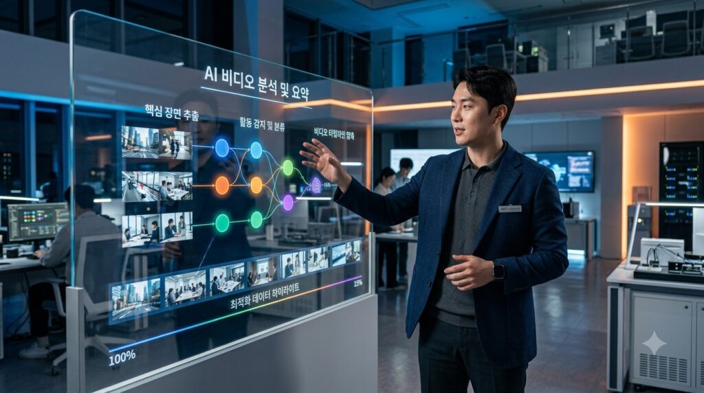 인공지능 영상 분석 전문가가 디지털 스크린 앞에서 영상 요약 기술을 설명하는 모습
