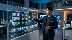 인공지능 영상 분석 전문가가 디지털 스크린 앞에서 영상 요약 기술을 설명하는 모습