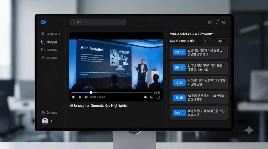 인공지능 영상 분석 결과로 생성된 깔끔한 타임스탬프와 요약 리스트 화면