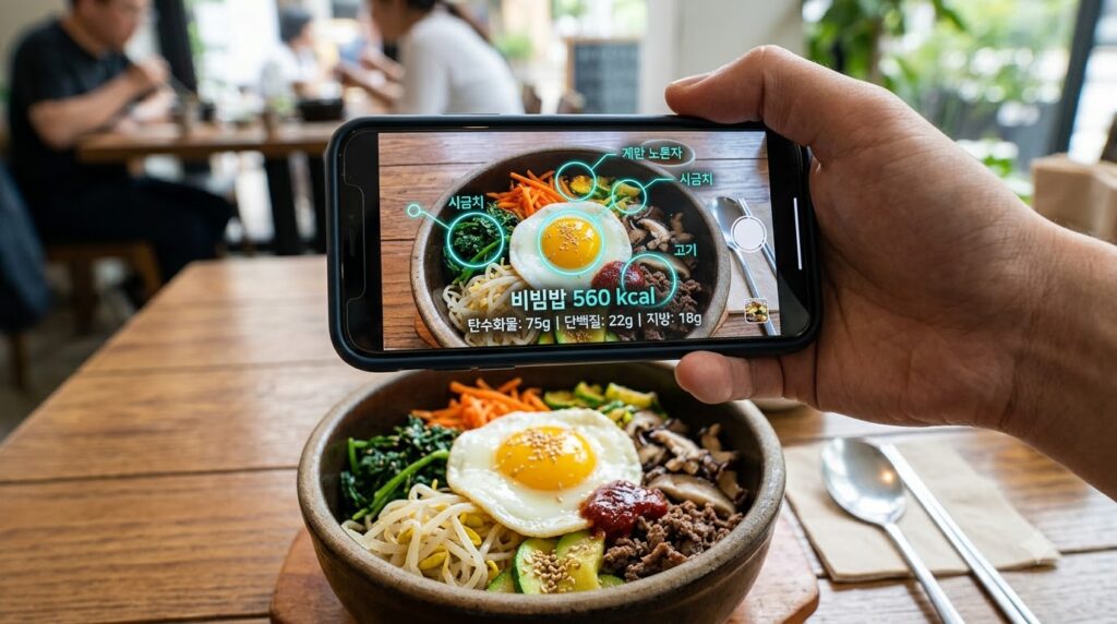 음식사진 영양분석 앱으로 비빔밥을 분석하는 화면