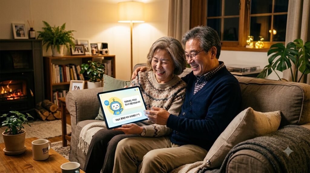 생성형 인공지능 활용법 대화하며 즐거워하는 시니어 부부